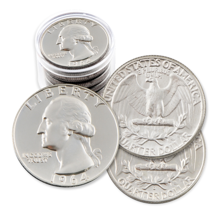 1964 Washington quarter grading strip showing four condition tiers from heavily worn to gem uncirculated with silver luster visible on mint state examples