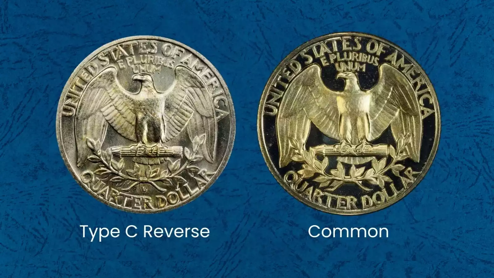 Comparison of standard 1964 Type A quarter reverse versus rare Type C transitional 1965 reverse die showing eagle feather relief differences