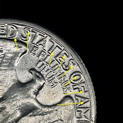 1964 Washington quarter DDR FS-801 doubled die reverse showing doubling on QUARTER DOLLAR lettering