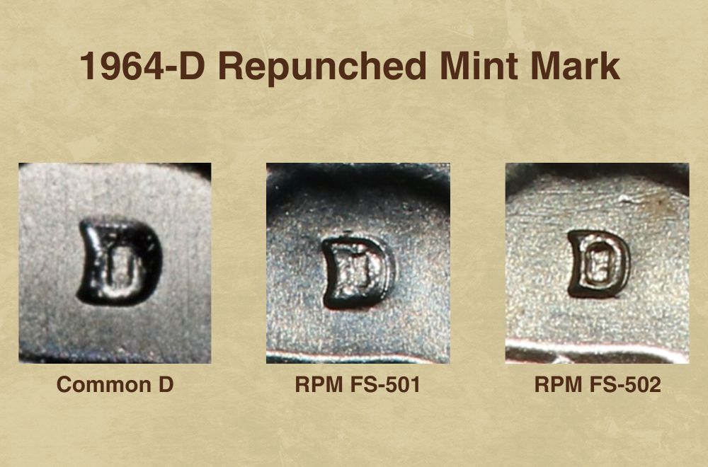 1964-D Washington quarter RPM FS-501 close-up showing doubled D mint mark with secondary punch impression shifted north