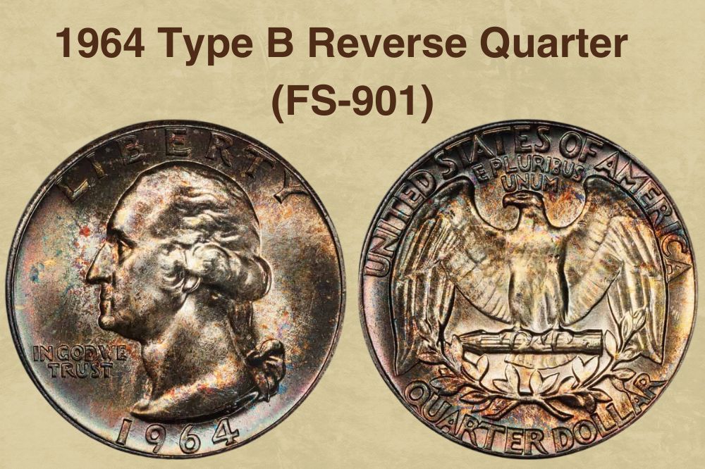 Comparison of 1964 Washington quarter Type A standard reverse versus Type B proof reverse showing differences in STATES letter spacing