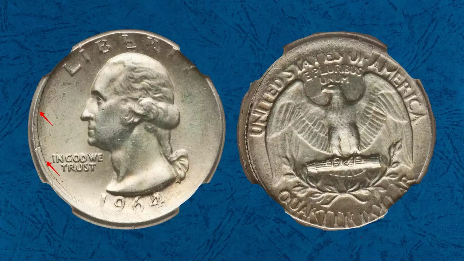 1964 Washington quarter off-center strike showing partial design with blank silver planchet area and full date 1964 clearly visible