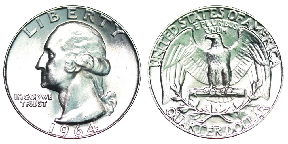 Spread of 1964 Washington quarters showing Philadelphia and Denver issues with silver cartwheel luster on uncirculated examples
